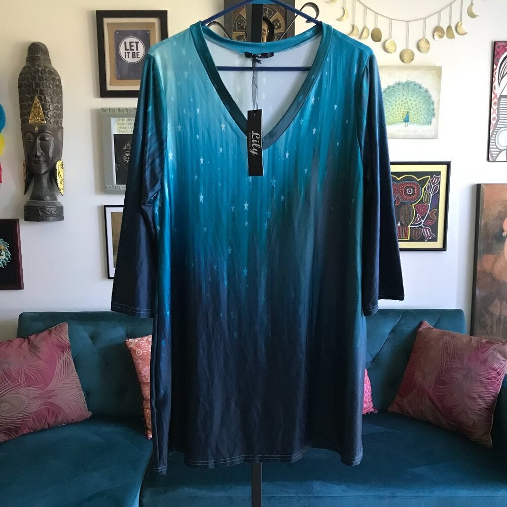 LILY by Firmiana size XL Teal Blue Ombre Stars Stretch Jersey A-Line Tunic NWT